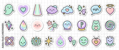 Whimsical icon set. featuring ghost, heart, cloud, star, crystal ball, bear, candy, and more. Vector collection
