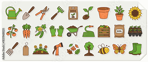 Gardening icon set. containing shovel, rake, pruner, seeds, plant, pot, watering can, gloves, wheelbarrow, soil, compost, boots. Vector collection