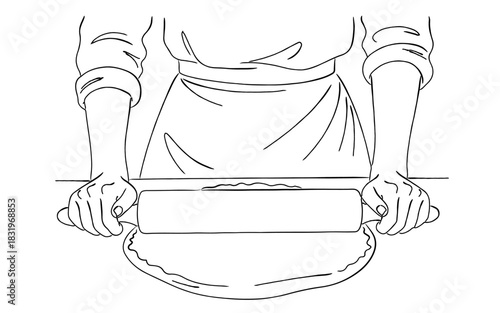 麺棒で生地を伸ばす手（パン作り・エプロン）,ローリングピン,ベーキング,パイ,お菓子作り,シェフ,シンプル,ベクター,線画