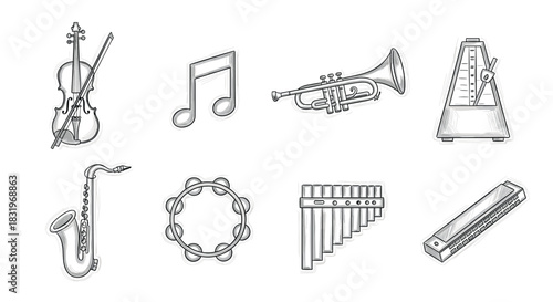 Musical instrument icons set: cello, trumpet, metronome, and more in sketch style