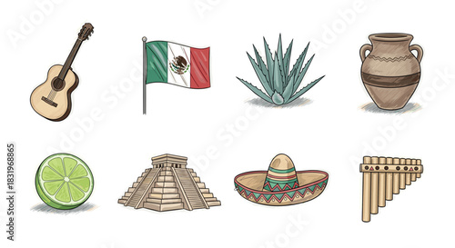 Mexican cultural icons collection featuring traditional items like sombrero and mariachi guitar