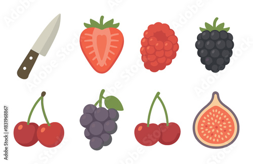 Colorful arrangement of fruit illustrations with a knife