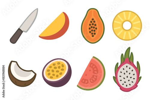 Tropical fruits illustrated: papaya, pineapple, mango, coconut, passionfruit, watermelon, dragon fruit