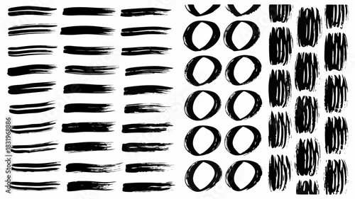 Bold brush stroke textures with organic feel in black ink, ideal for artistic backgrounds, modern design accents, and creative projects with handmade style