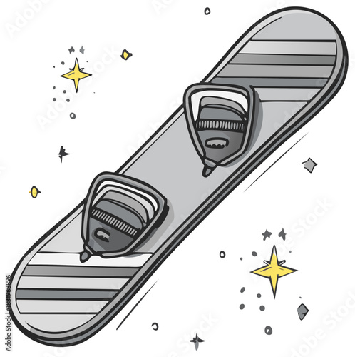 Illustration of a striped snowboard floating with stars, winter sport equipment vector drawing