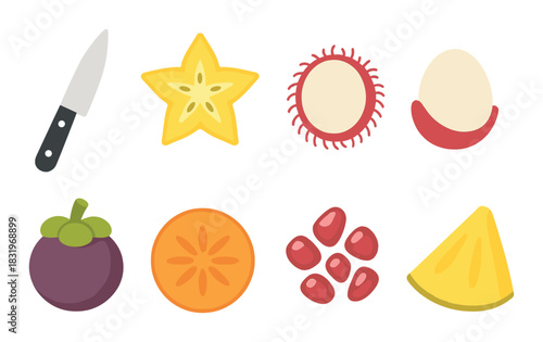 Vibrant array of exotic fruit icons with knife display
