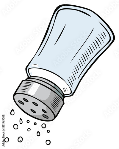 Cartoon illustration of a salt shaker pouring white seasoning granules