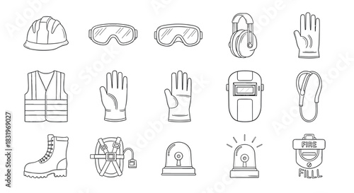 Safety equipment icons: minimalist linear set for construction and industrial use