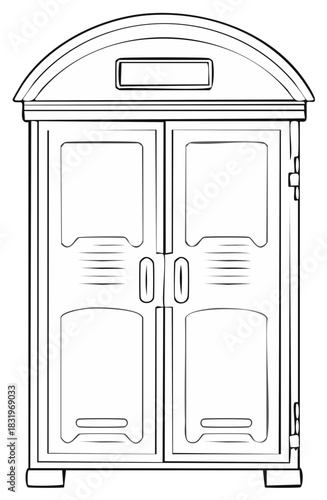 Line art illustration of a plastic outdoor garden storage shed with double doors