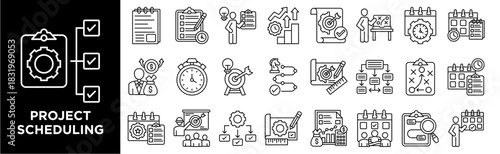 Project Scheduling icon collection set. Containing design  project planning, timeline, gantt chart, schedule management,scheduling,workflow chart