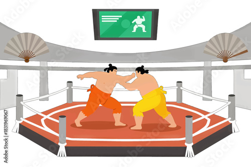 Sumo wrestlers in traditional ring with electronic scoreboard