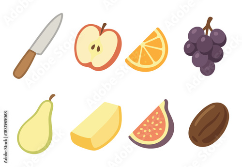 Colorful fruit variety with knife – apple, orange, grape, pear, cheese, fig, date