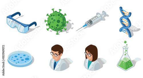 Isometric scientific icons: virus, dna, and lab equipment collection