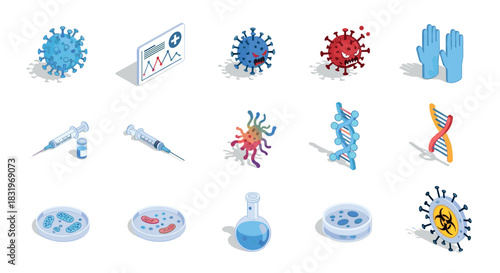 Isometric medical icons: virus, dna, and laboratory equipment collection