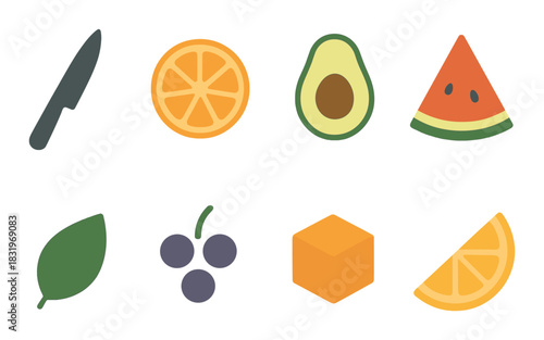 Colorful fruits and knife on dark background with glowing effect