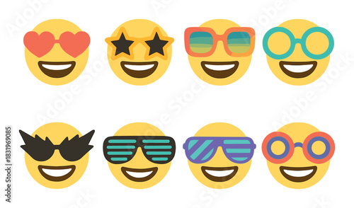 Colorful emoticons with stylish sunglasses on bright background