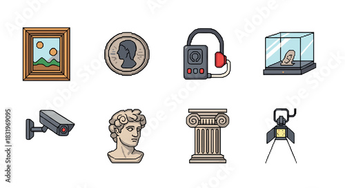 Icon set of museum and artifacts: paintings, sculptures, security elements