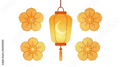 Traditional lantern with glowing moon surrounded by plum blossoms