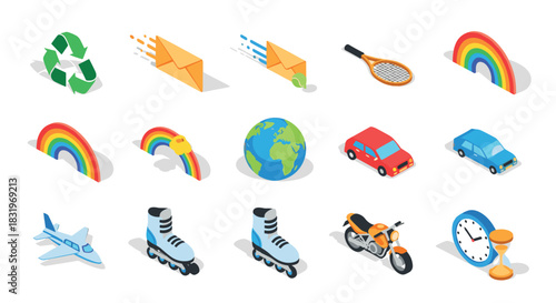 Colorful isometric icons: transport, nature, and sports