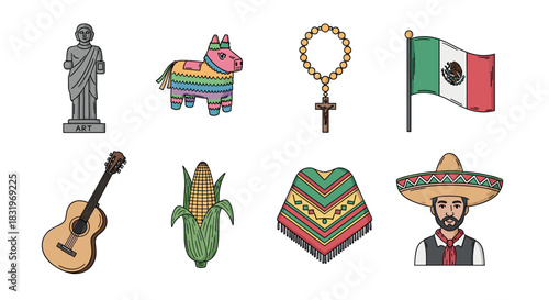 Mexican culture icon set featuring traditional items and symbols in colorful cartoon style