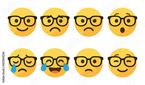 Set of eight emoji faces with glasses displaying various emotions on golden background