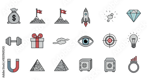 Minimalist icon set: finance, fitness, science, travel, and nature symbols