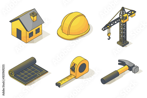 Construction and tools icon set. containing house, helmet, crane, blueprint, tape measure, hammer, and more. Vector collection