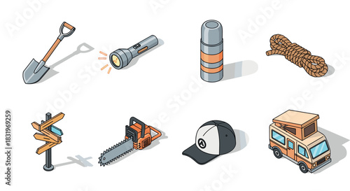 Outdoor camping tools and equipment in isometric style for adventure enthusiasts