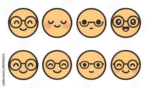 Cute emoji faces with glasses on brown background