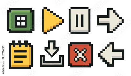 Retro pixel art icons: play, pause, stop, download, arrow directions