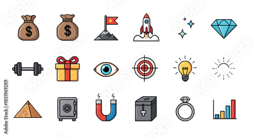Colorful icon set featuring finance, travel, and science symbols in a flat style
