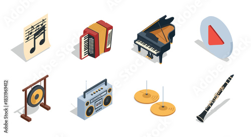 Diverse collection of isometric musical instruments and icons