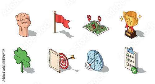 Colorful isometric icon set: maps, flags, trophies, and more