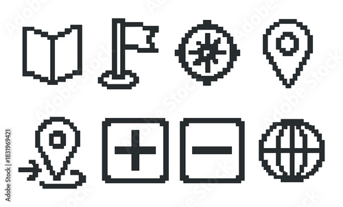 Pixel art icons: globe, map, flag, plus, minus, location, settings