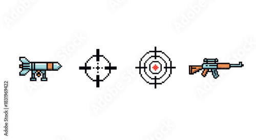 Retro pixel weaponry and target icons for gaming projects