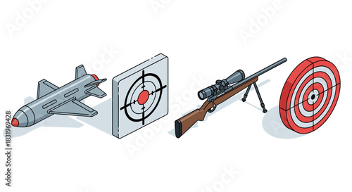 Military defense objects in isometric style with rifle, missile, and targets