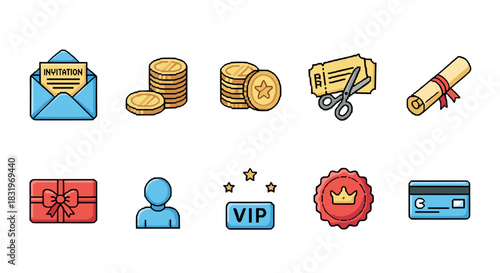 Colorful icons set: invitations, coins, tickets, and more
