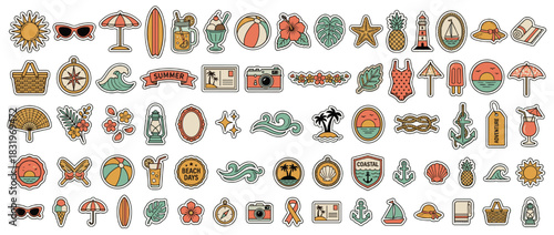 Summer and beach icon set. containing sun, sunglasses, surfboard, cocktail, palm tree, umbrella, waves, and more. Vector collection