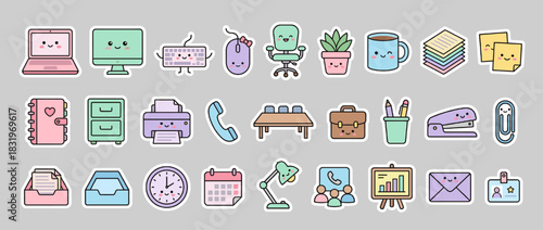 Office supplies icon set. containing computer, monitor, mouse, chair, plant, mug, printer, phone, desk, binder, clip. Vector collection