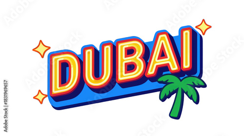 Vibrant Dubai Neon Text with Colorful Palm Tree