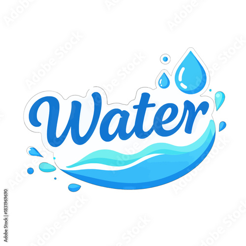 Water text logo with blue droplets and wave design
