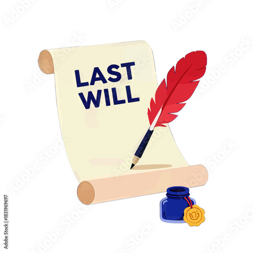 Vintage scroll with last will text and feather quill