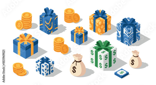 Festive gift boxes and money symbols in isometric style