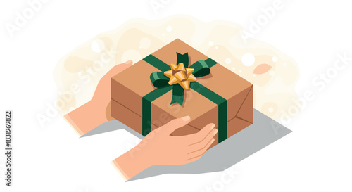Hands holding gift box with ribbon and bow in isometric art style