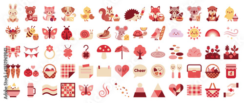 Cute animal and nature icon set. featuring rabbit, bear, dog, duck, squirrel, fox, koala, bee, snail, ladybug, mushroom, sun, cloud. Vector collection