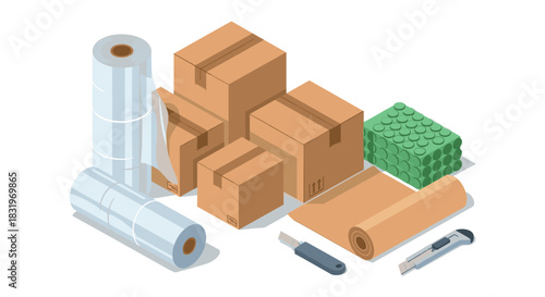 Isometric packaging supplies: boxes, bubble wrap, and tools for shipping preparation