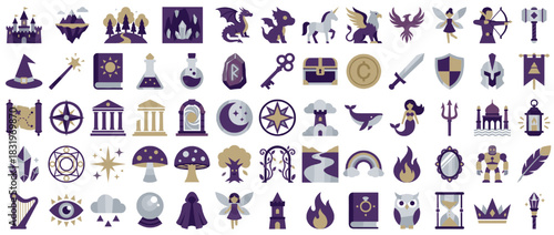Fantasy and mythical icon set. containing castle, unicorn, dragon, potion, wizard, knight, fairy, shield, sword, treasure and more. Vector collection
