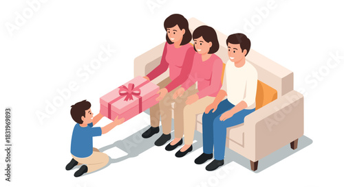 Family celebration with child giving gift on cozy sofa in isometric style