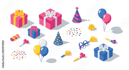 Colorful party decorations with gift boxes, balloons, and confetti in isometric style
