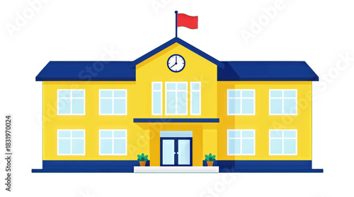 Yellow School Building with Clock and Flag